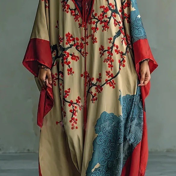 Women's Casual Loose V-neck Forged Face Printed Long Dress