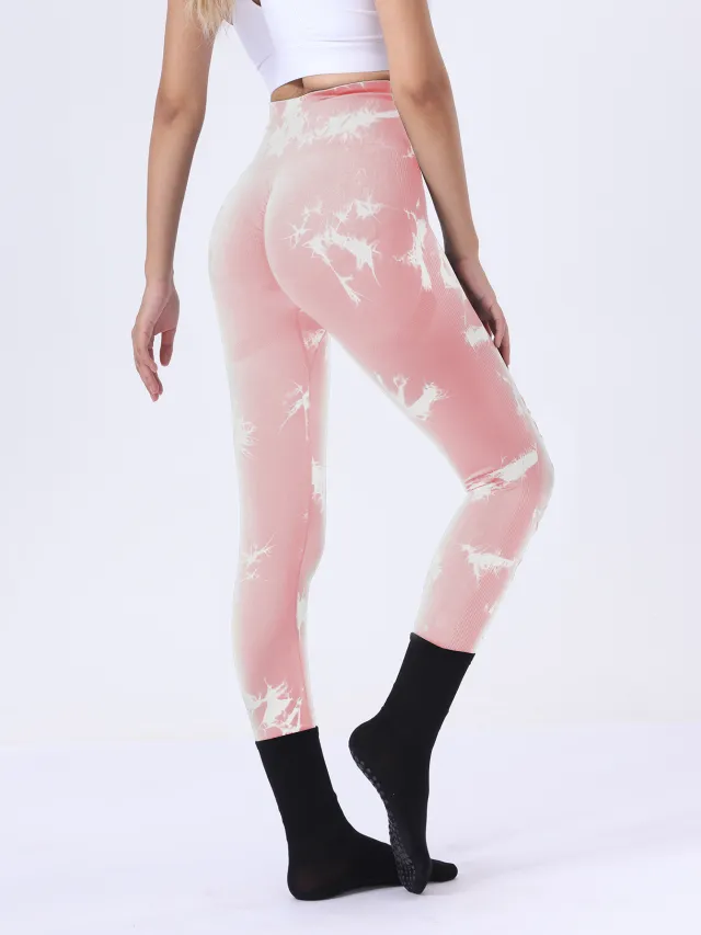 Butt Lifting Yoga Gym Athletic Pants, Hollow Out Tummy Control Sports Leggings Tie Dye Running Pants Pink - Shop at LoveMi