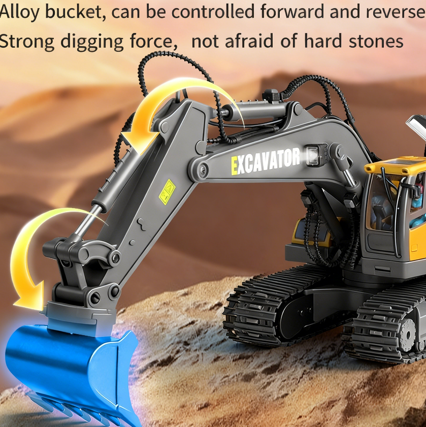 Three-in-one Aluminum Alloy Toy Excavator, 13 Channels, Comes With Three Replacement Heads. 1 24 High-reduction Simulation, LED Lights, Realistic Sound Effects, Can Run For 25-30 Minutes