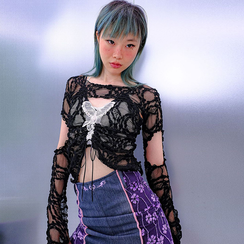 Lace Sling Pullover Pleated Vest Off-shoulder Long-sleeved Two-piece Suit