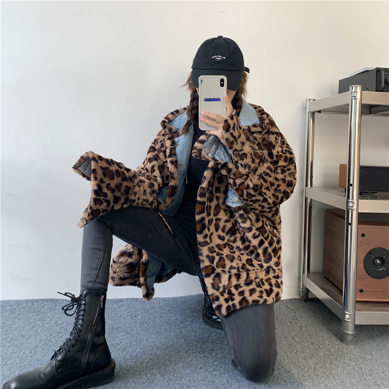 Loose And Slim Leopard Print  Rabbit Fur Coat Thickened Jacket Top Trendy