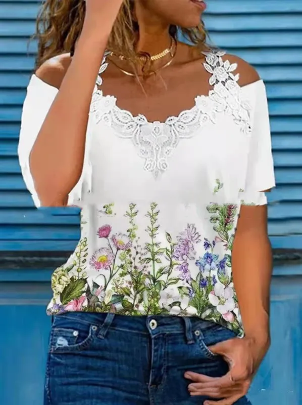 V Neck Lace Shoulder Drain Short Sleeve Casual Green Flower - Shop at LoveMi