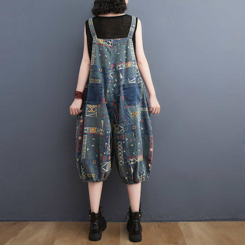 Printed Denim Lantern Strap Pants