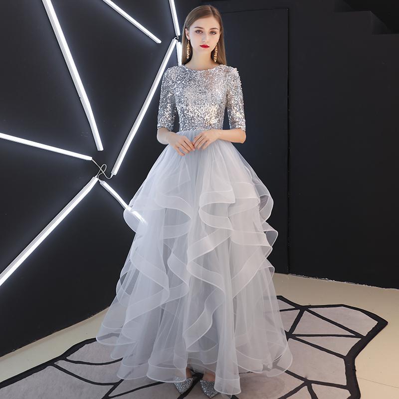 Evening Dress Skirt Women Fashion Banquet French Sequins Long Mori Series Silver Grey - Shop at LoveMi