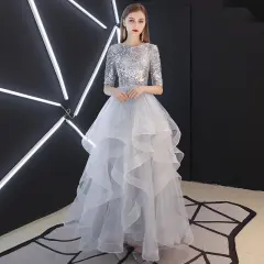Evening Dress Skirt Women Fashion Banquet French Sequins Long Mori Series - Silver Grey - View 1