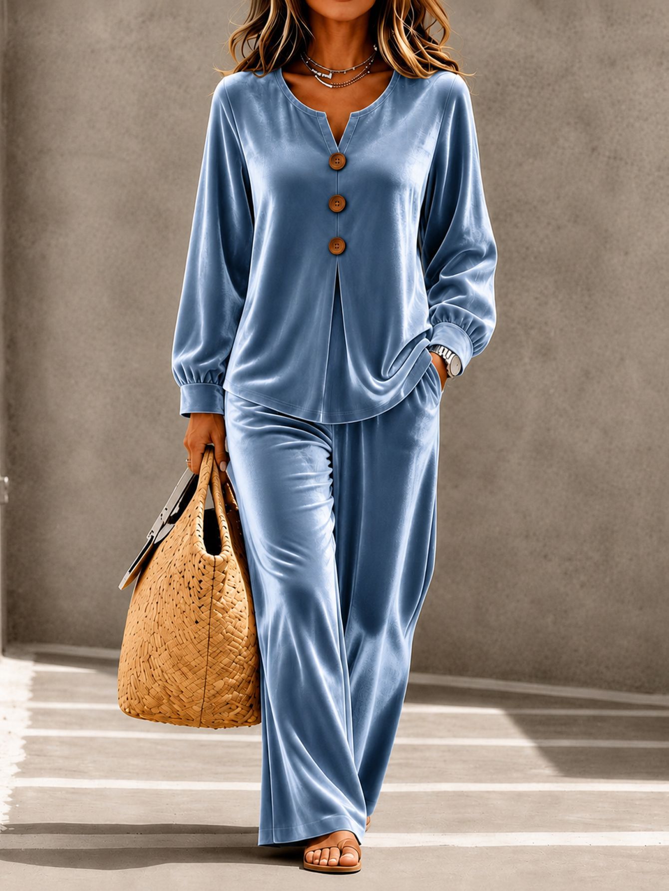 Women's Elegant Velvet Two Piece Outfit Long Sleeve Button V-Neck Top And Wide Leg Pants Casual Loungewear Set 2
