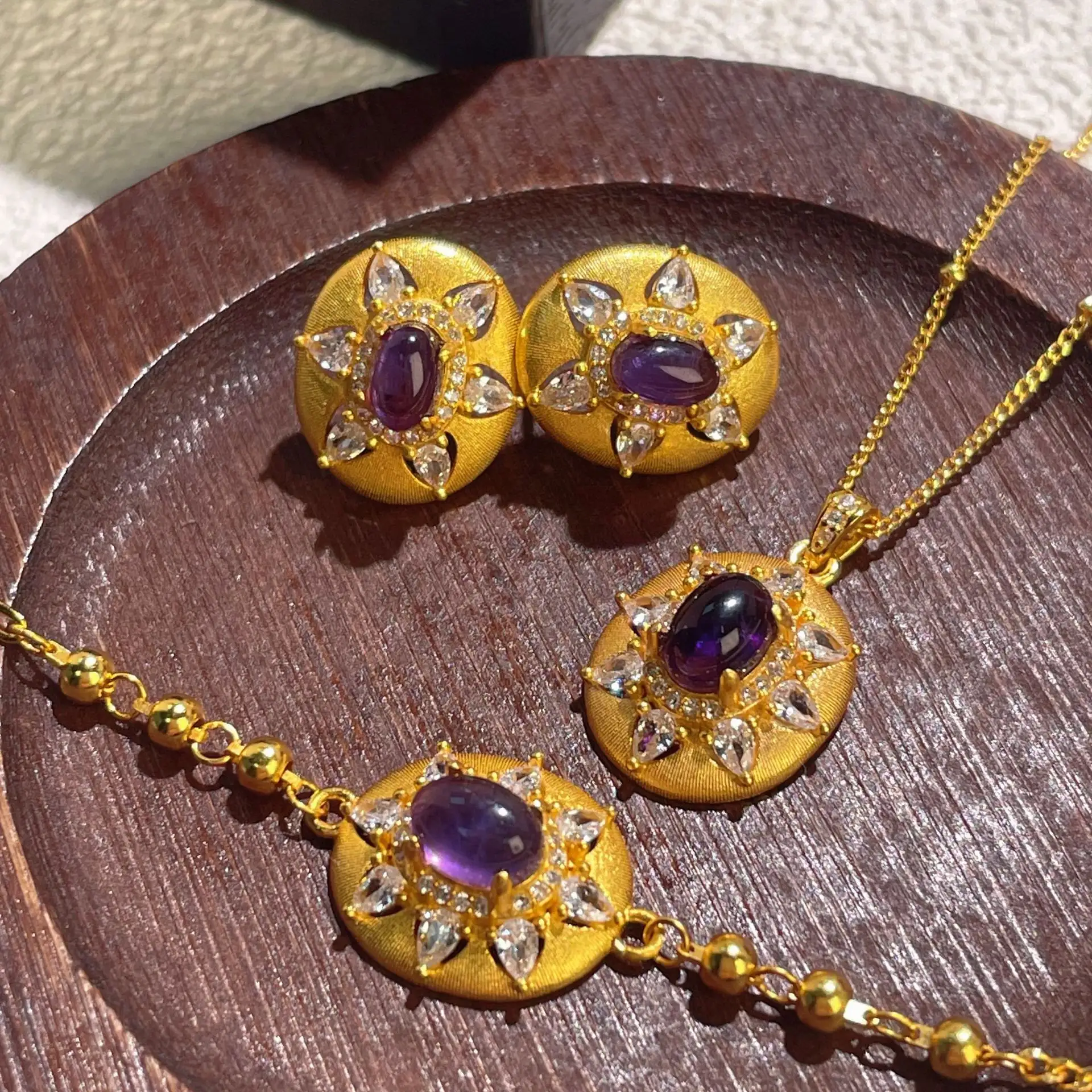 S925 Sterling Silver French Sunflower Amethyst Jewelry