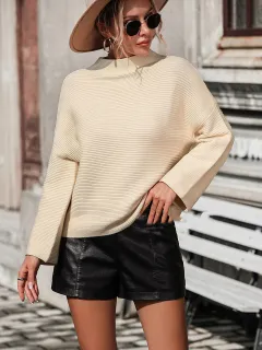 Women's Knitted Sweater With Nine-quarter Sleeves And Solid Colour - Apricot - View 1
