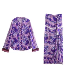 European Beauty Beaded Print Shirt Smocked Skirt Set - 2Pcs Set-S - View 1
