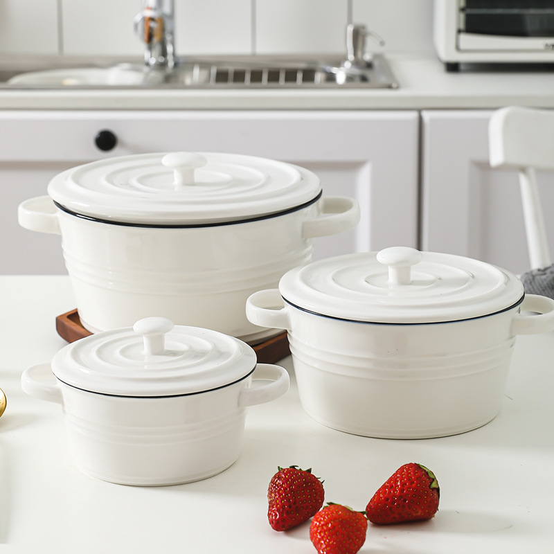 Nordic Simple Binaural Ceramic Soup With Lid Salad Anti-scalding Breakfast Dessert Oatmeal Bowl Tableware
