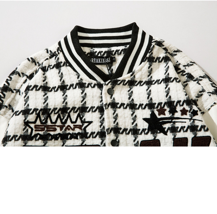 Men's Retro Plaid Flocking Embroidered Baseball Jacket