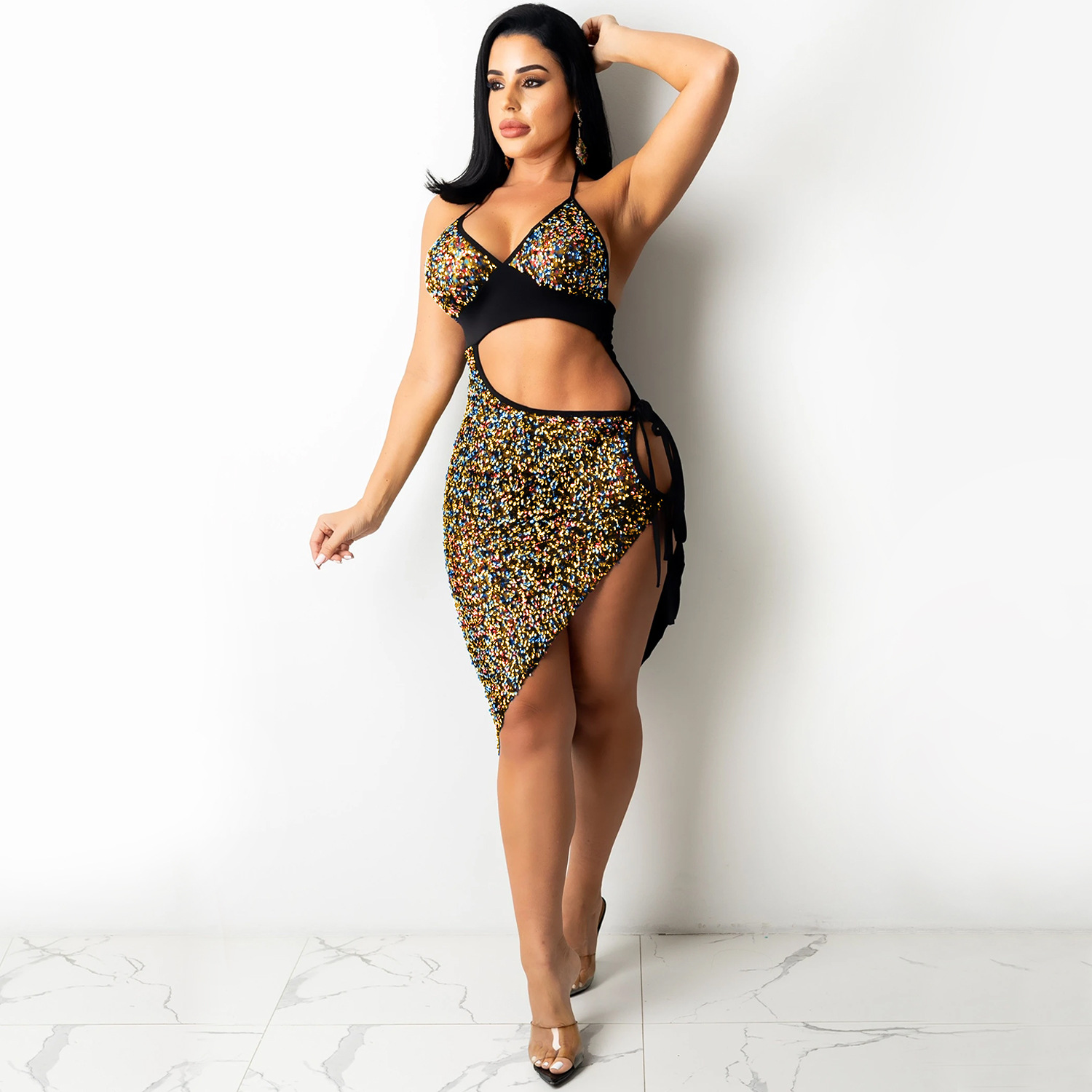 HTH 2212089 Sequin Halter With Cut out Slit Lace up Dress Yellow - Shop at LoveMi