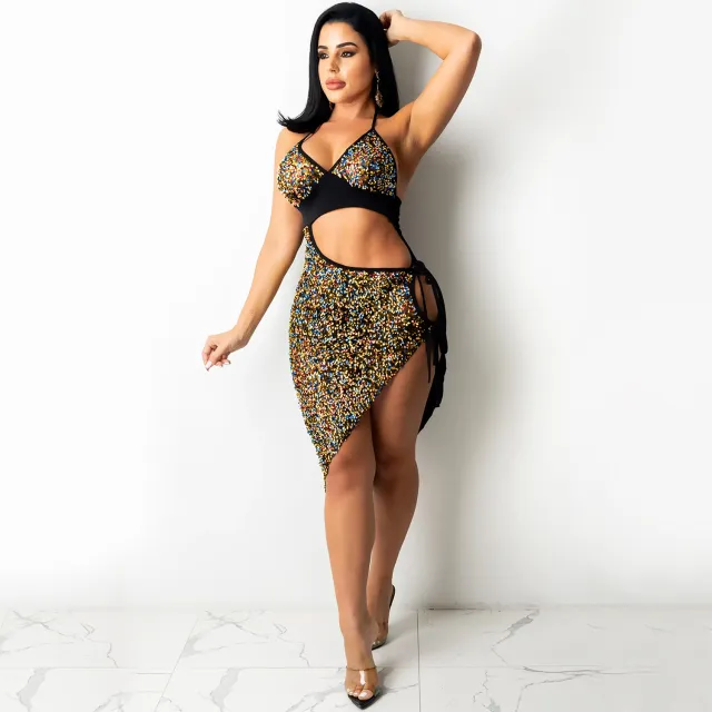 HTH 2212089 Sequin Halter With Cut out Slit Lace up Dress Yellow - Shop at LoveMi