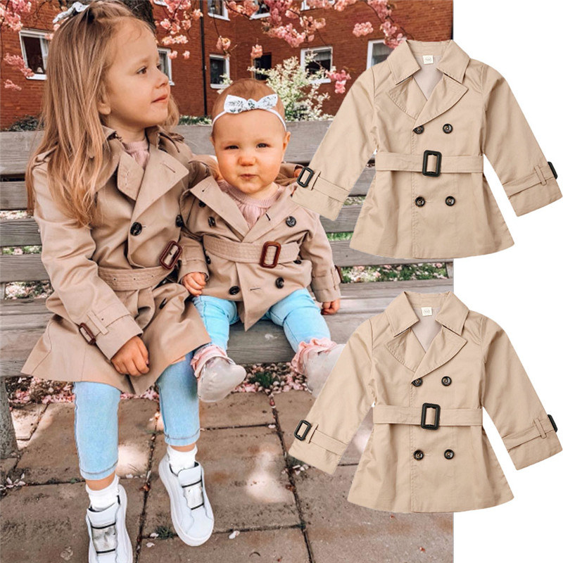 Girls Jacket Children's Double-breasted Lapel Trench Long