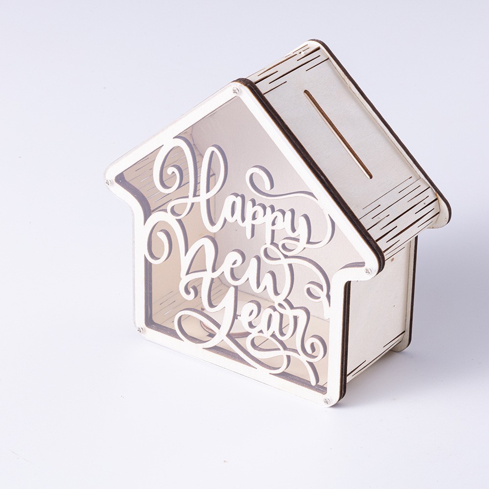 Happy New Year Wooden House Piggy Bank Transparent Acrylic Money Box New Year Christmas Desktop Decor Saving Jar Gift For Kids Family