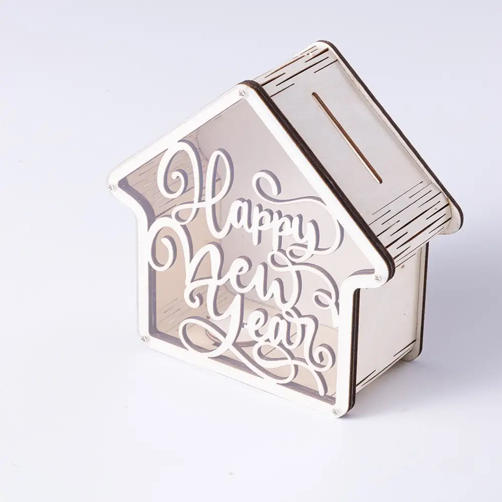 Happy New Year Wooden House Piggy Bank Transparent Acrylic Money Box New Year Christmas Desktop Decor Saving Jar Gift For Kids Family