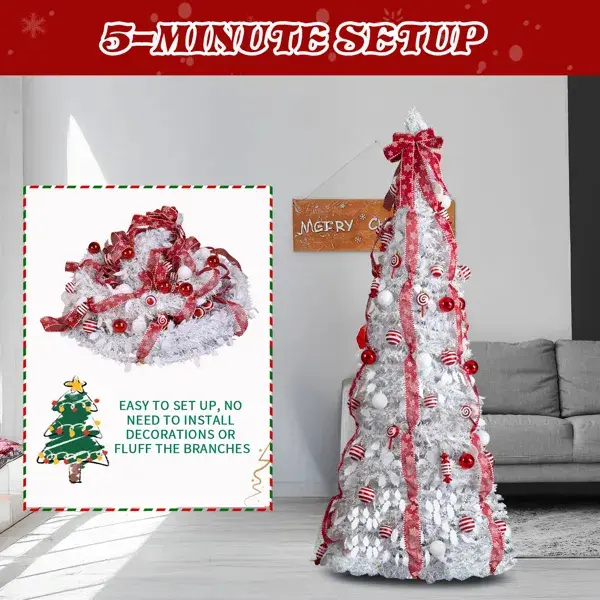 6 FT Fully Decorated Pre-lit Christmas Tree, Pop Up Artificial Xmas Tree With 100 Warm Lights And Red Ornaments For Home Office Store Holiday Deco, White