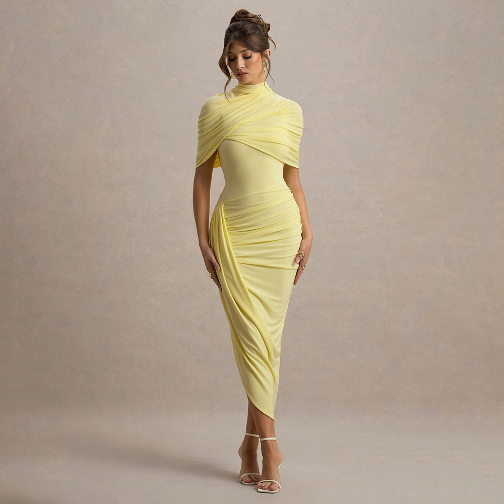 High Neck Cape Sleeve Ruched Bodycon Midi Dress