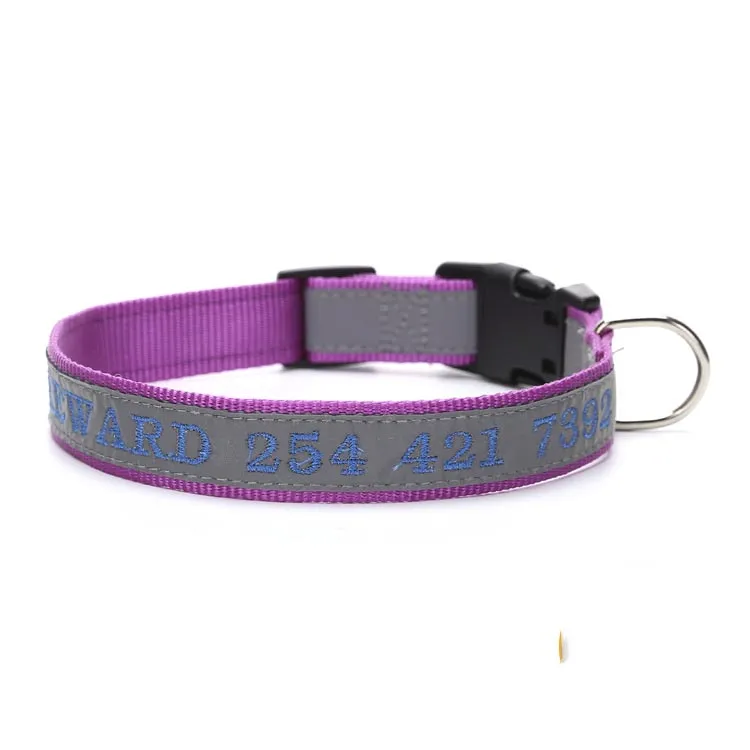 Personalised Phone Name Embroidered Reflective Dog Collar - Purple