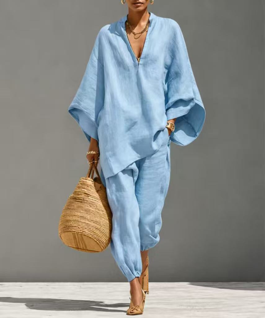 2026 New Hot-selling Loose Pure-colored  V-neck Batwing Sleeve Casual Suit