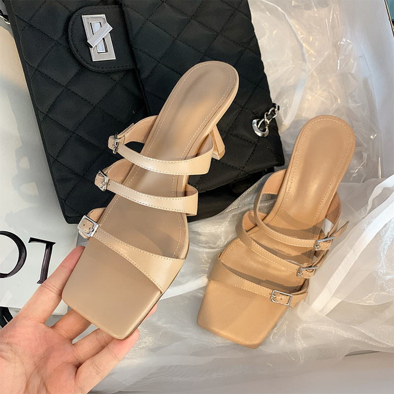 Stiletto Buckle Muller Outer Slippers Square Toe Cowhide Sandals