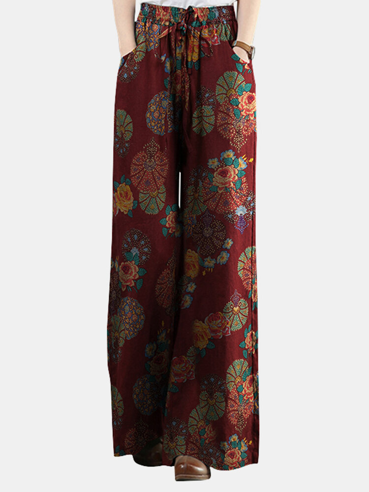 Title 2, New cotton and linen printed wide-leg pants women