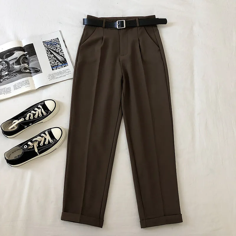 Women's Casual Suit Harem High Waist Pants With Belt - Coffee