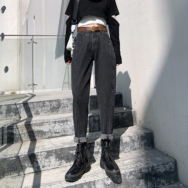 Ladies Fashion Korean Style Stretch Straight Jeans Grey - Shop at LoveMi