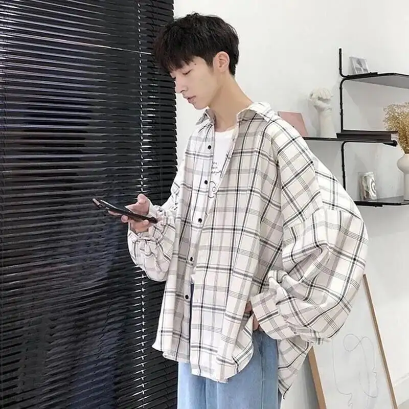 Top Plaid Men's Long Sleeve Hong Kong Style Shirt Short Sleeve