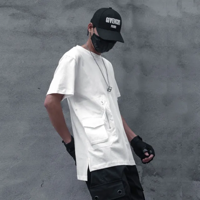Three dimensional Pocket Zipper T shirt Loose Casual Short Sleeves White - Shop at LoveMi