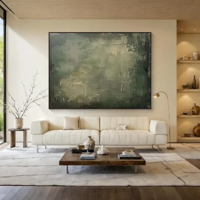 Large Geometric Abstract Painting Green Beige Minimalist Wabi Sabi Wall Art Green Canvas Wall Art Modern Green Wall Decor Without Inner Frame - Shop at LoveMi