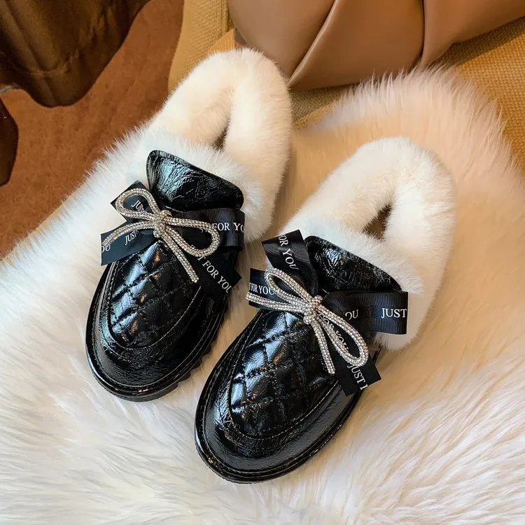 Bow Fluffy Shoes Female Glossy Low-top Snow Boots - Black