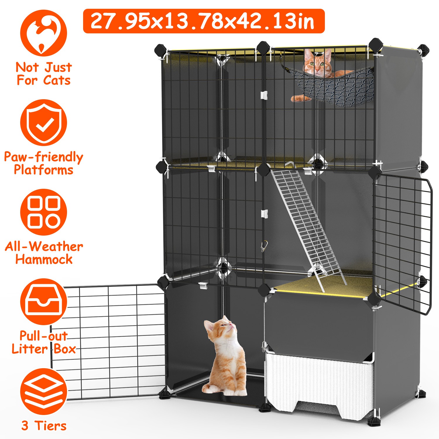 3 Tier Cat Cage Indoor With Litter Box Hammock Detachable Metal Wire Cat Kennel Cat House Cat Enclosure With Ladder For 1-2 Kittens
