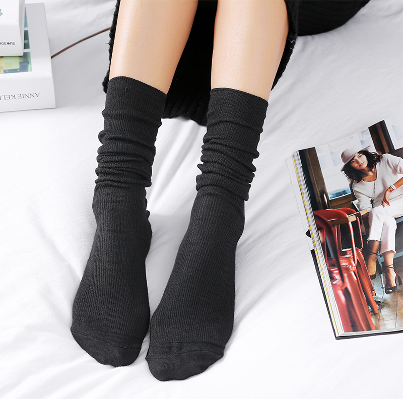 Women’s Thin Solid Color Retro Long Socks – Black, One Size