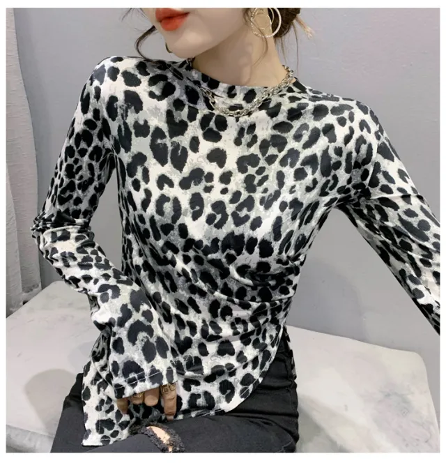 Fashion Net Red Solid Slim Chain Long Sleeve White Leopard Pattern - Shop at LoveMi