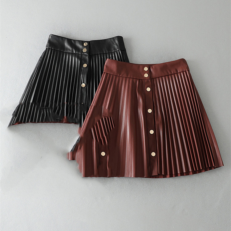 Punk Metal Button Leather Short Skirt High Waist A-Line Thin