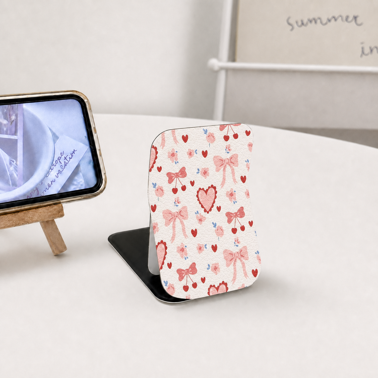 Cute Coquette Bow Heart Print Folding Compact Mirror, PU Leather Standable Pocket Makeup Mirror, Portable Travel Cosmetic Mirror For Girls Gift Wholesale Custom