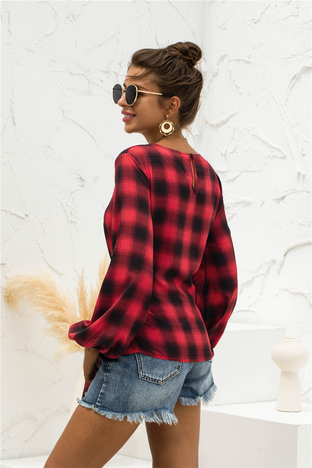 Title 5, Long Sleeved Retro Plaid Lace Up Shirt