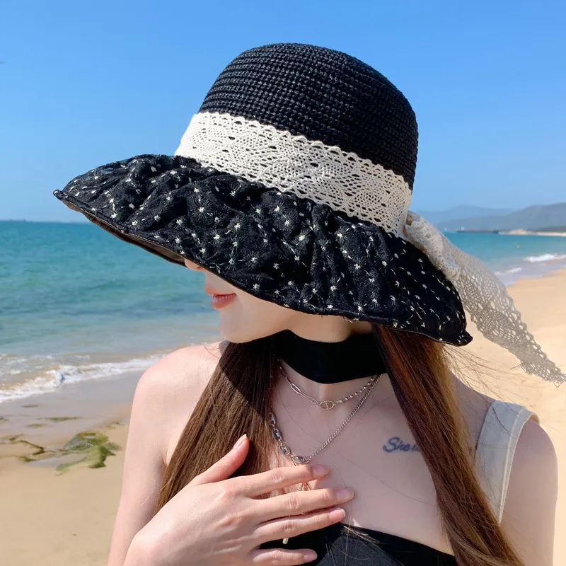 Lace Bow Straw Fisherman Hat Summer Outdoor Sunhat With Large Brim Anti-UV Sunshade And Face Protection Hat - Black