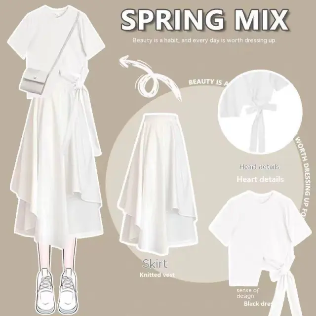 Korean Style Loose Short Sleeve T shirt Skirt Suit Single White Top - Shop at LoveMi