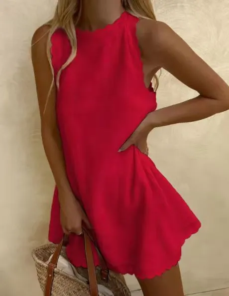 Cotton Hemp Solid Color Embroidered Ruffled Women's Dress Red - Shop at LoveMi
