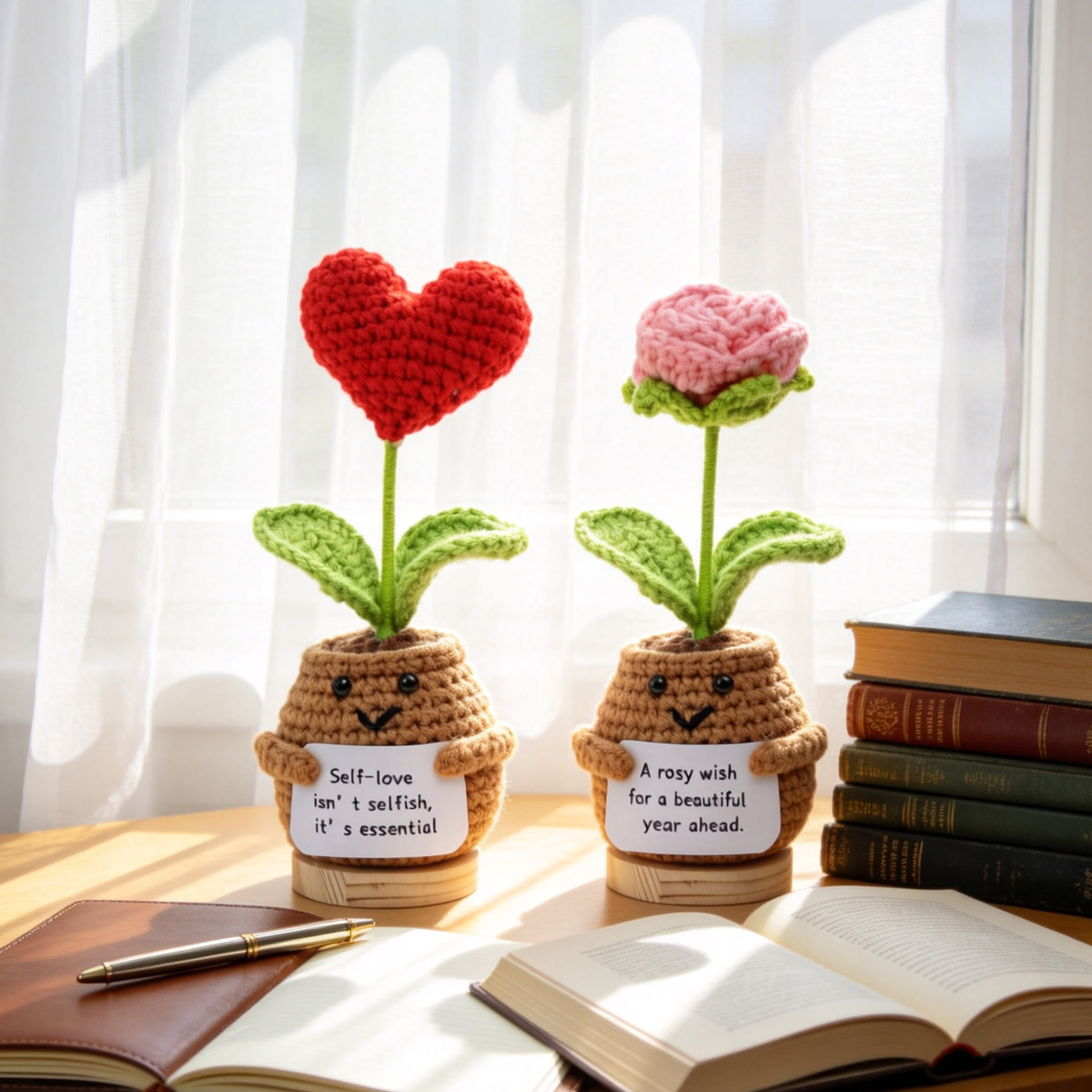 Handmade Crochet Romantic Shaped Potted Flower Ornaments, Everlasting Soft Yarn Crochet Blooms With Inspirational Note, Indoor Home Tabletop Decorative Ornaments