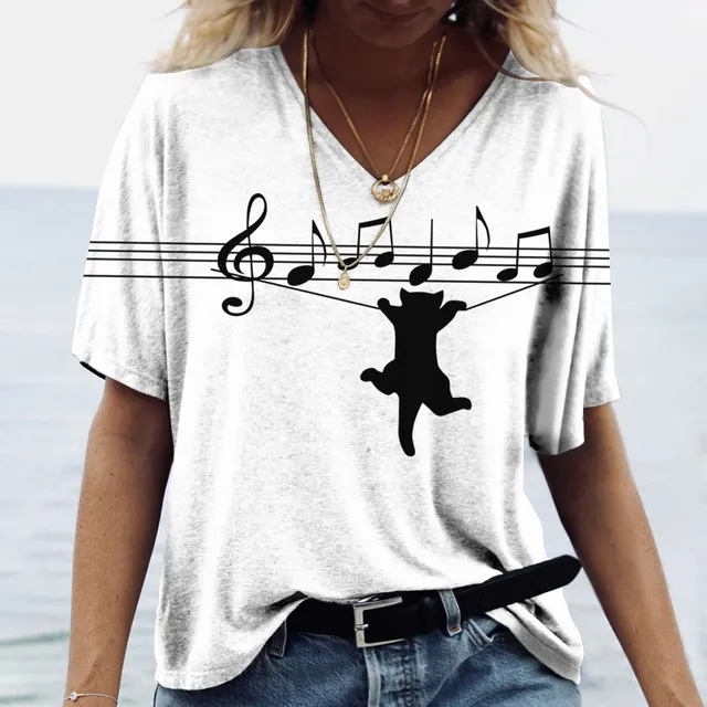 Cartoon Cat V Neck Women's T shirts Cute Cat Print Short Wvldxc10Y152 4Xl - Shop at LoveMi