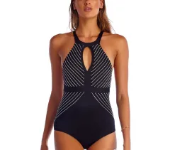 Striped Sweetheart Neck Halterneck One-piece Swimsuit For Ladies - Black - View 1