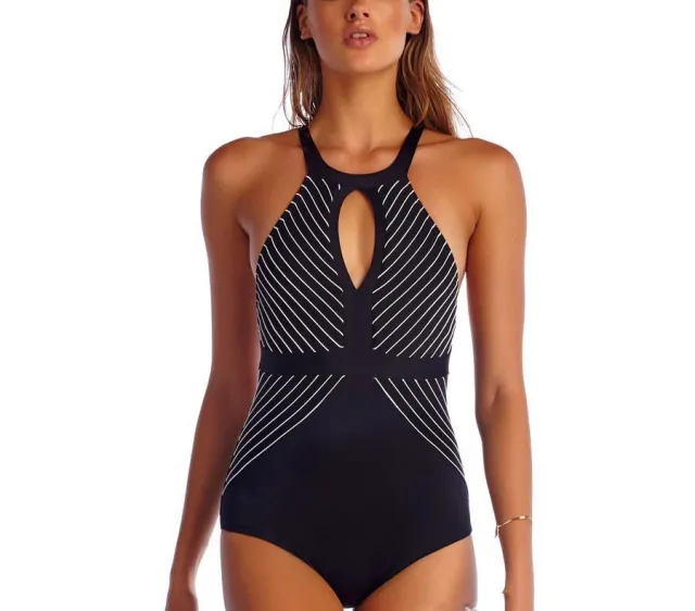 Striped Sweetheart Neck Halterneck One piece Swimsuit For Ladies Black - Shop at LoveMi