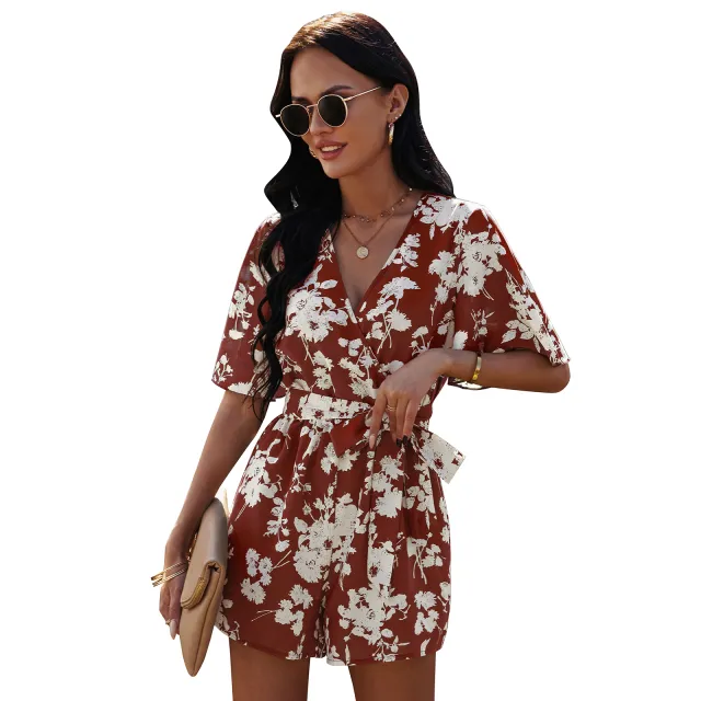 European And American V Neck Short Sleeved Chiffon Jumpsuit Shorts Women Red - Shop at LoveMi