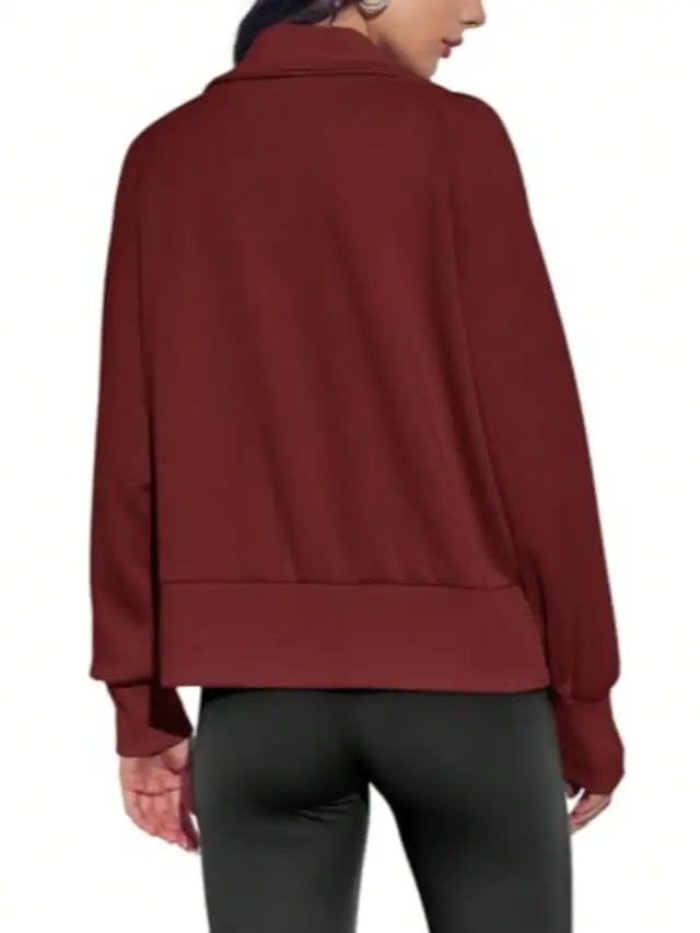Fisoew Women's Zip Up Sweatshirt Collared Neck Long Sleeve Loose Casual Lightweight Jacket With Pockets Burgundy - Shop at LoveMi