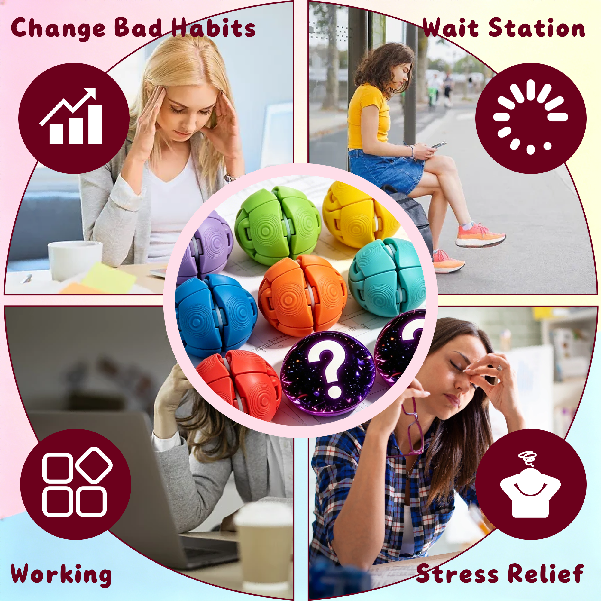 9PCS 3D Printed Fidget Balls, Colorful Stress Relief Sensory Toys With Elastic Bands, Push Pull Decompression Balls For Adults And Teens — view 3