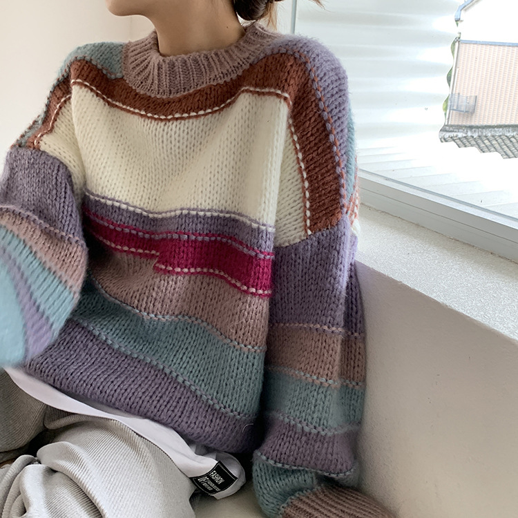 New Japanese Women's Rainbow Striped Sweater