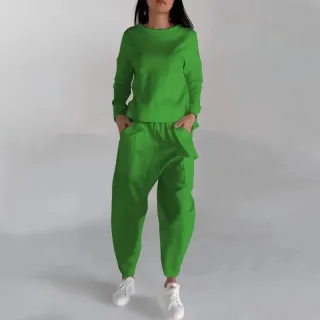 Solid Color Fashion Sweatshirt Long Sleeve Back Slit Top With Pockets Loose Trousers Women's Clothing - Green
